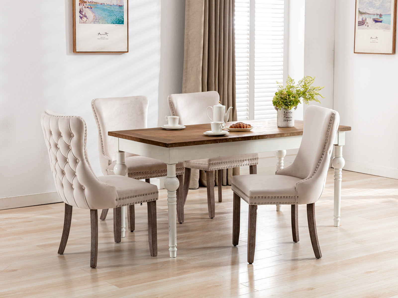 A&A Furniture,Upholstered Wing-Back Dining Chair with Backstitching Nailhead Trim and Solid Wood Legs,Set of 2, Beige,SW8809BG,KD - Grand Goldman Shop