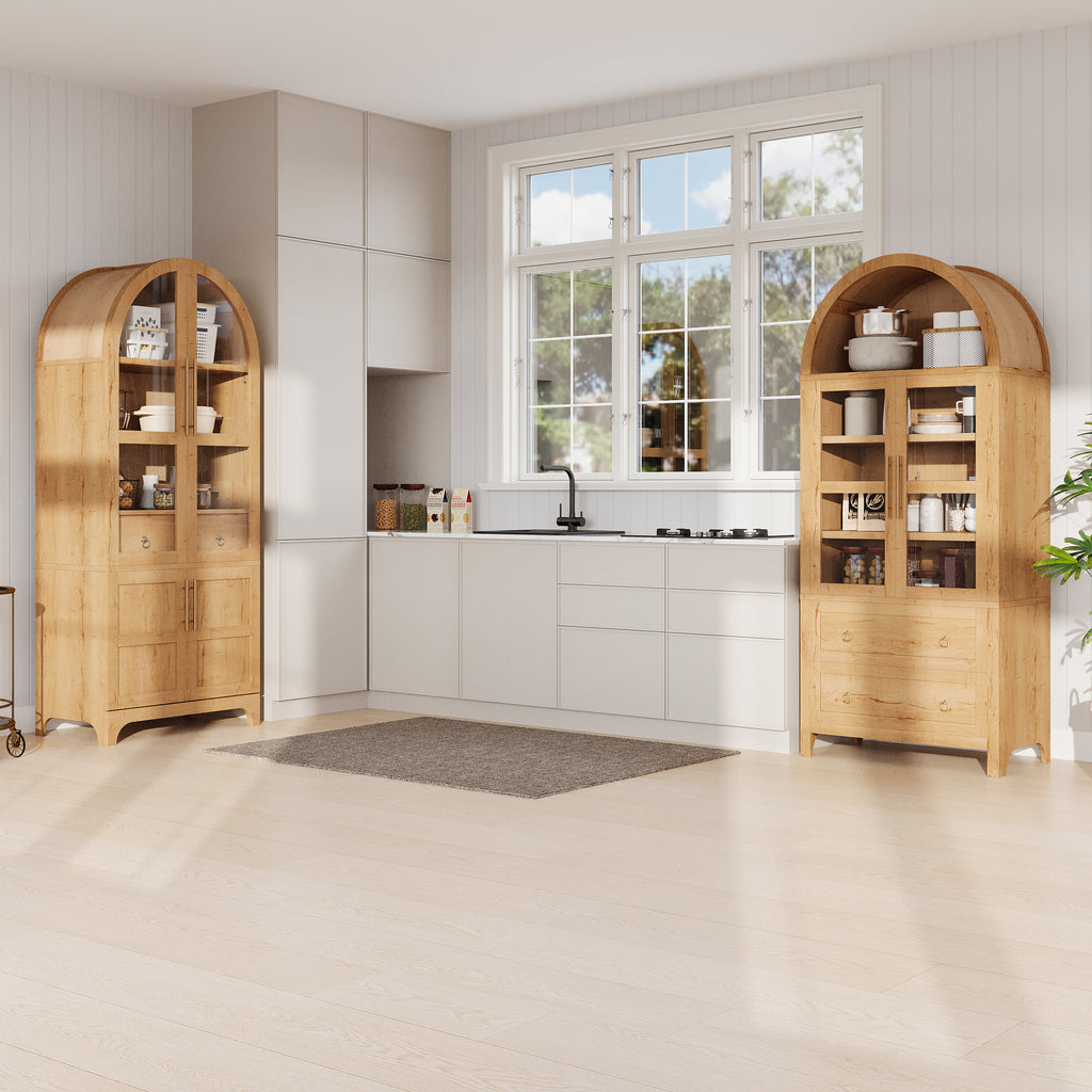 K&K 71' Tall Arched Kitchen Pantry Cabinet with Door Shelves, Farmhouse Kitchen Storage Cabinet with Open & Adjustable Shelves, Hidden Drawer & Glass Door, Cupboard for Kitchen, Dining Room, Natural - Grand Goldman Shop