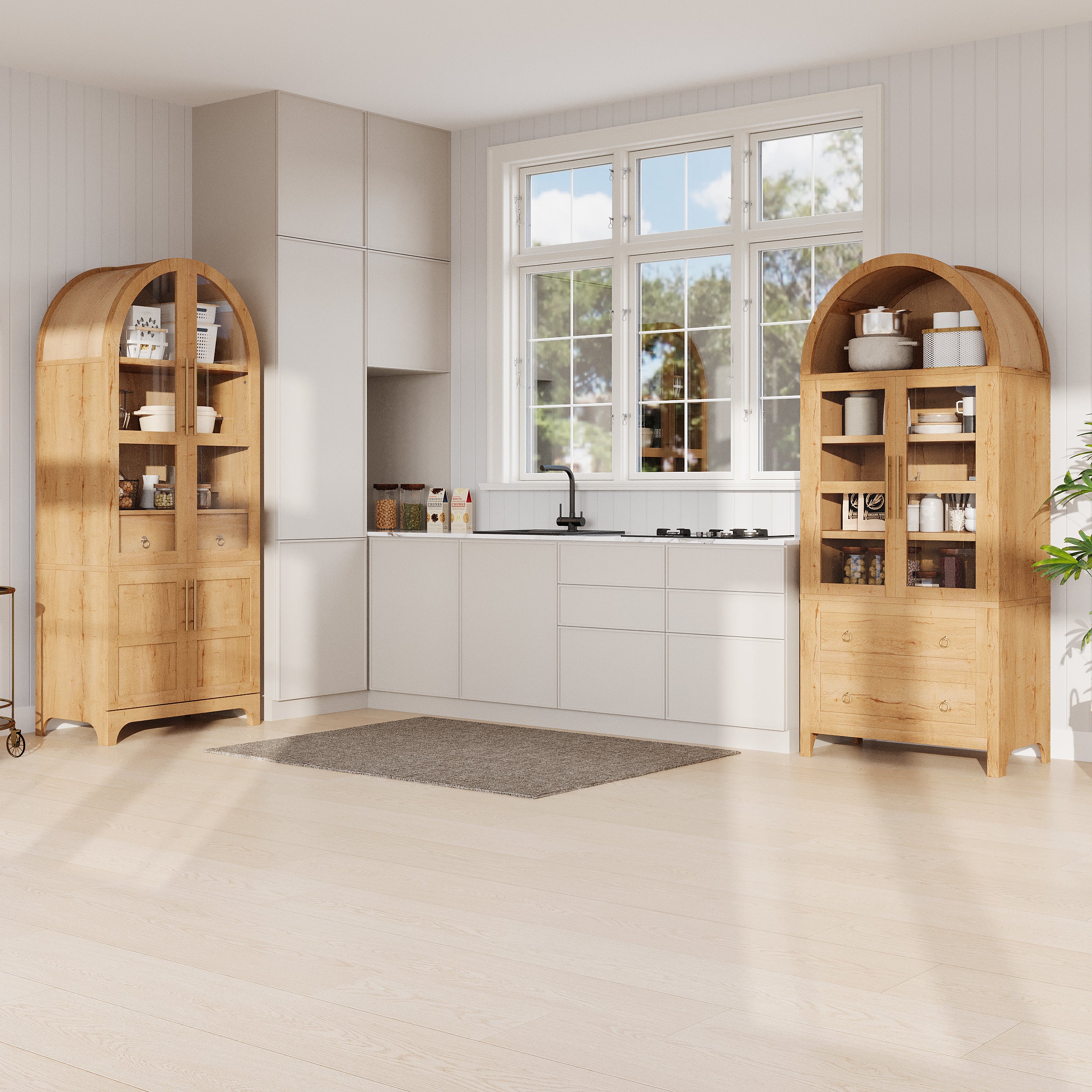 K&K 71' Tall Arched Kitchen Pantry Cabinet with Door Shelves, Farmhouse Kitchen Storage Cabinet with Open & Adjustable Shelves, Hidden Drawer & Glass Door, Cupboard for Kitchen, Dining Room, Natural - Grand Goldman Shop