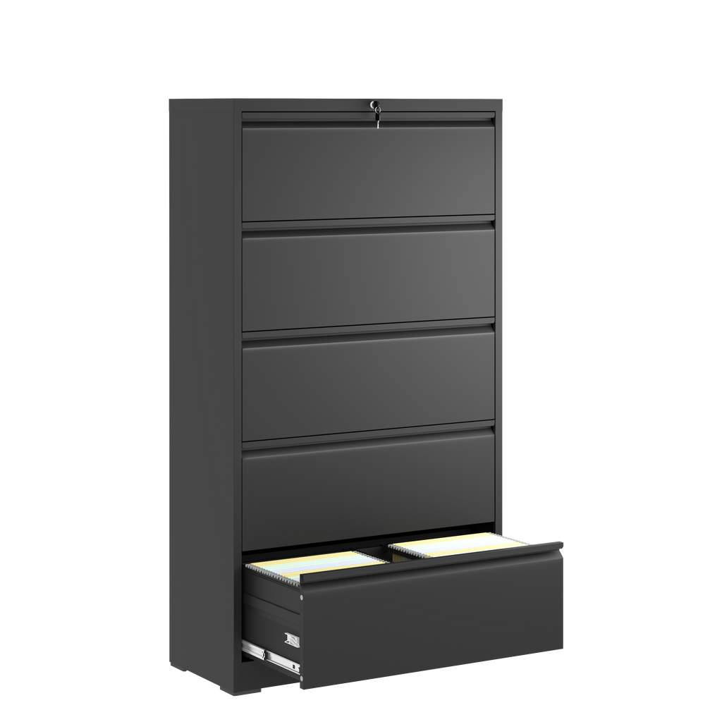 5 Drawer Metal Lateral File Cabinet , Black Filing Cabinet with Lock, Lockable File Cabinet for Home Office, Locking Metal Fi