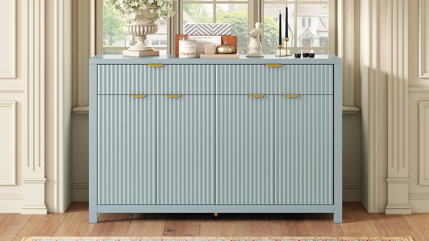 U_STYLE Modern 55.1'' Sideboard Buffet Cabinet with 2 Drawers & 4 Doors, Adjustable Shelves, Wave-Pattern Design, Aluminum Handles, Painted MDF, Scandinavian Storage for Dining Room, Living Room - Grand Goldman Shop