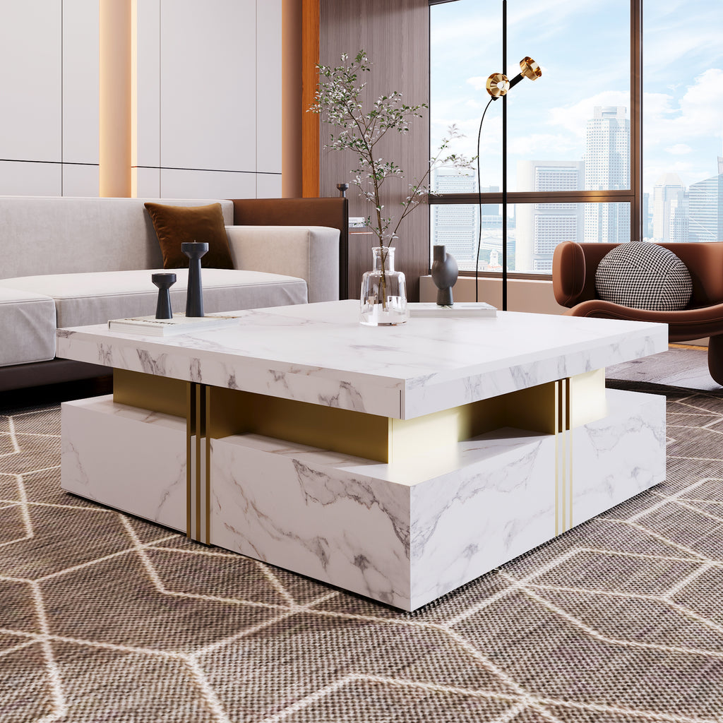 Modern White Square Storage Coffee Table with 4 Drawers - Grand Goldman Shop