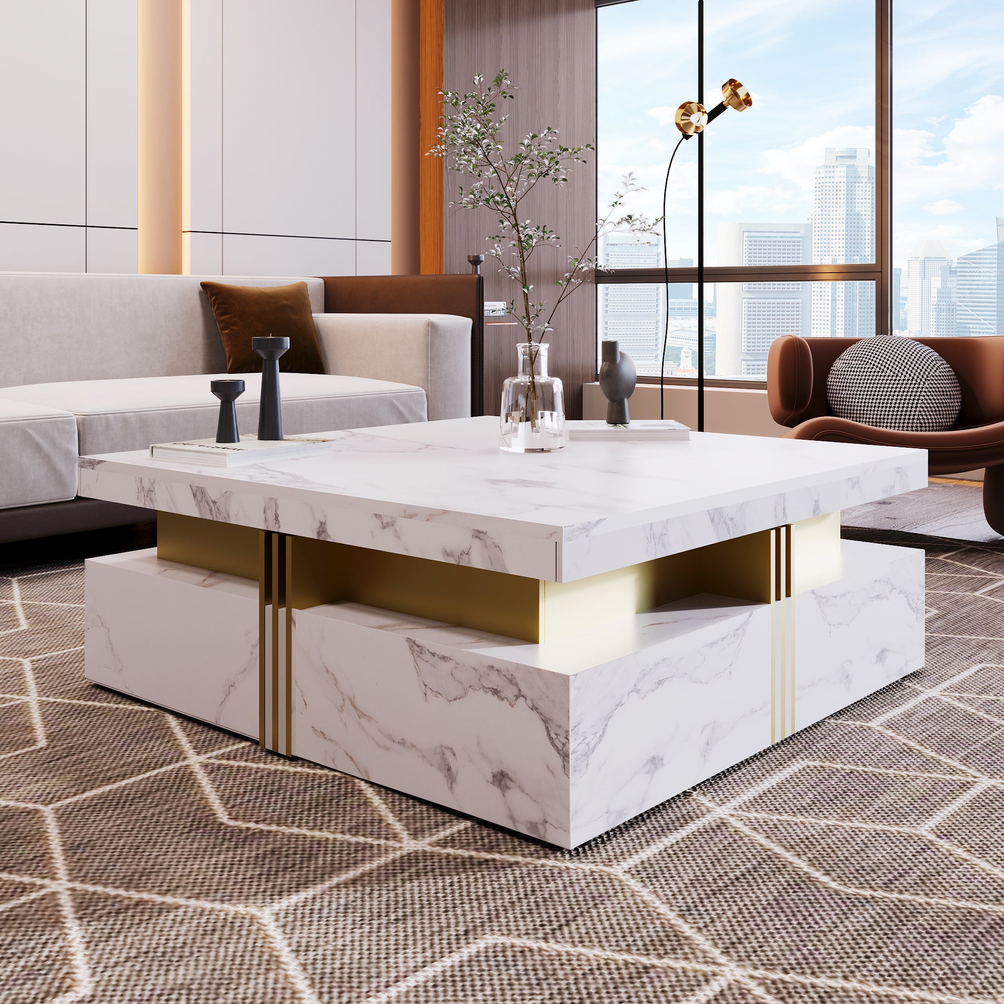 Modern White Square Storage Coffee Table with 4 Drawers - Grand Goldman Shop