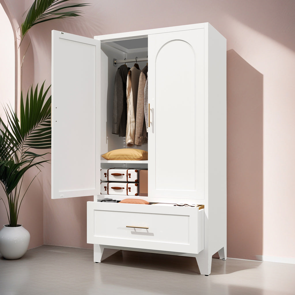 60' Tall Metal Wardrobe Cabinet with 1 Drawer and Hanging Rod, 2 Doors Wardrobe Closet with Shelf for Bedroom, Office, Laundry Room, Entryway, Foyer, Guesthouse (White) - Grand Goldman Shop