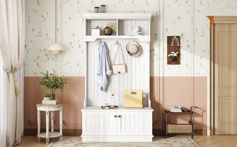 Hall Tree with Storage Shoe Bench for Entryway and Hallway, 4-in-1 Design Coat Racks with Hooks for Living Room, White - Grand Goldman Shop