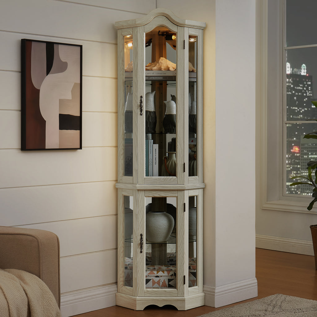 Curio Cabinet Lighted Glass Display Curio Cabinet w/Tempered Glass Doors and Shelves, Crown Corner Cabinet with Bulb, Corner Storage Decoration for Living room and Bedroom WHI - Grand Goldman Shop
