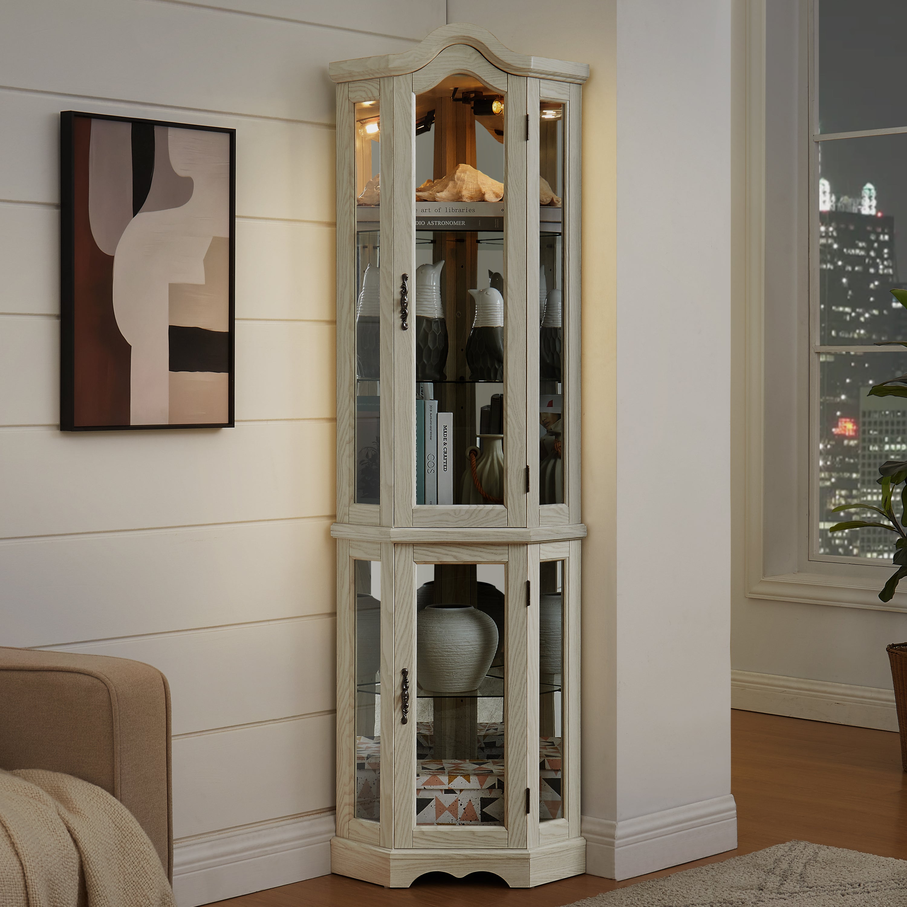 Curio Cabinet Lighted Glass Display Curio Cabinet w/Tempered Glass Doors and Shelves, Crown Corner Cabinet with Bulb, Corner Storage Decoration for Living room and Bedroom WHI - Grand Goldman Shop