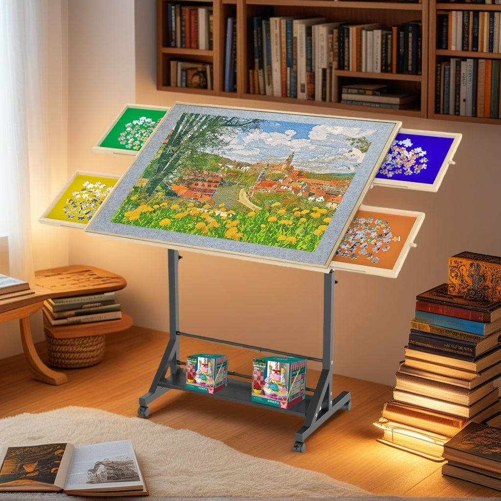 Wooden 1500 Pieces Puzzle Table with Drawer, 35'*27.17' Adjustable Puzzle Table, 360° Tilting Puzzle Table with Legs and Whee