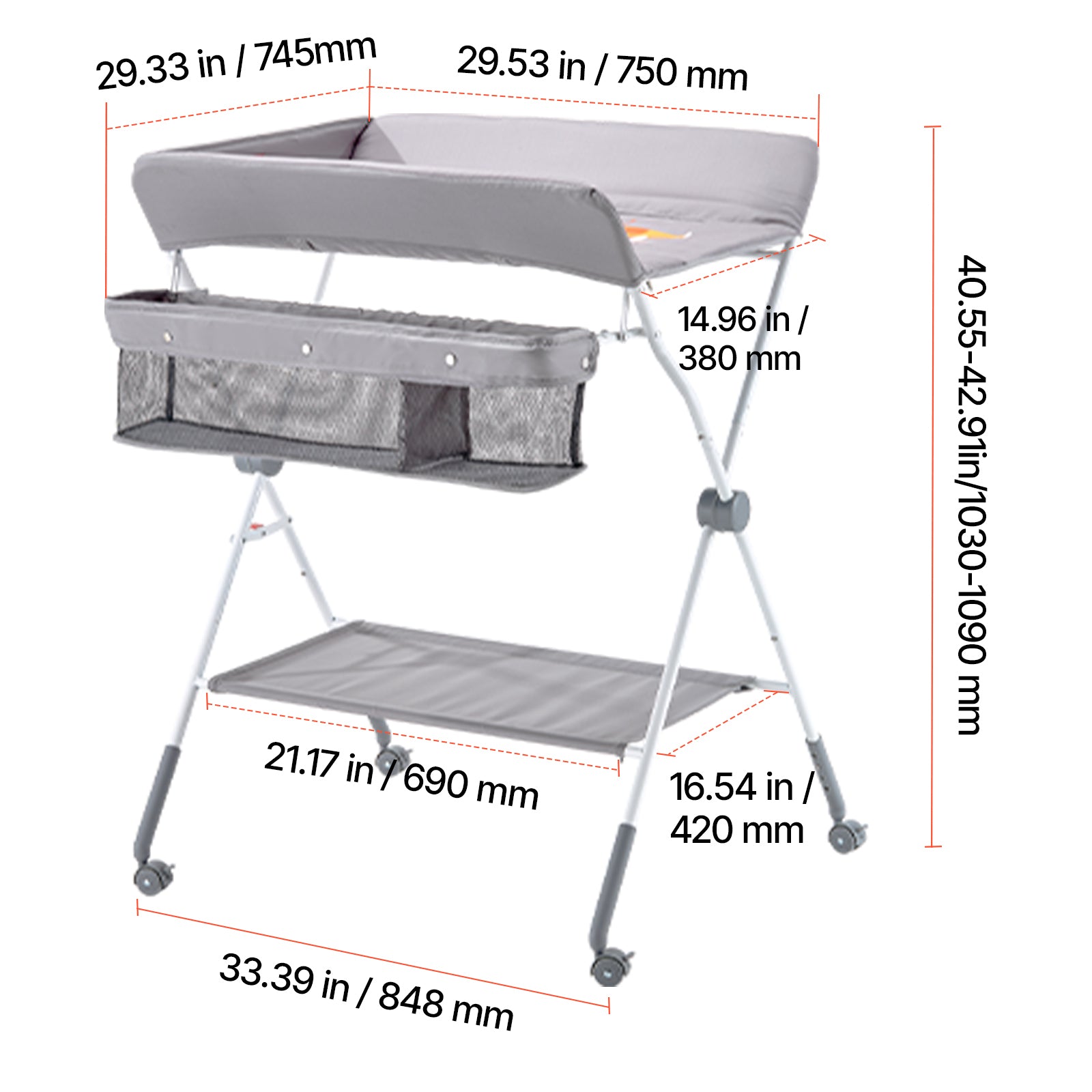 Foldable Baby Changing Diaper Station with Side Basket & Wheels Light Gray - Grand Goldman