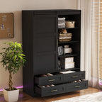 Tall Bedroom Armoire Wardrobe Closet Clothing Storage Cabinet with Hanging Rod Barn Door Drawers Open Shelves - Grand Goldman Shop