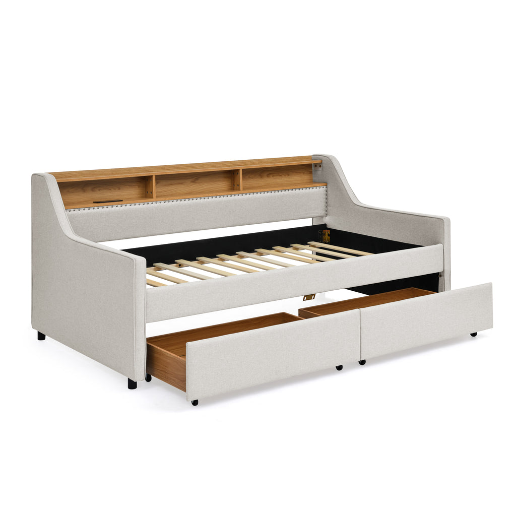 Beige Linen Upholstered Twin Sofa Bed with LED Lights, Storage Drawers, Adjustable Headboard & Wireless Charging - Grand Goldman Shop