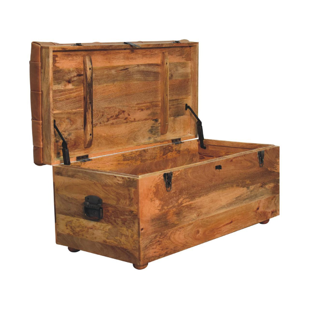 Solid Wood Buffalo Hide Oak-ish Storage Trunk, Leather Upholstered, Brown and Tan - Grand Goldman Shop
