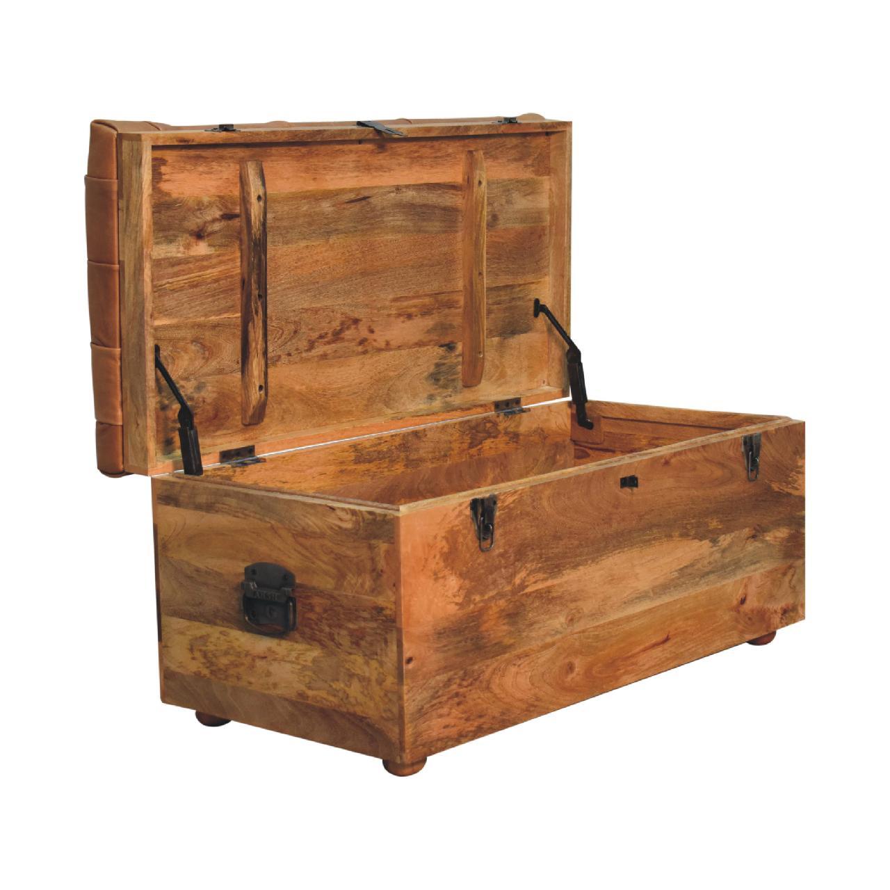 Solid Wood Buffalo Hide Oak-ish Storage Trunk, Leather Upholstered, Brown and Tan - Grand Goldman Shop