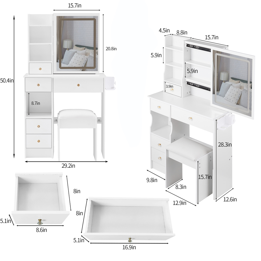 29.2' Small Size Left Drawer Desktop Vanity Table + Cushioned Stool, 2 AC+2 USB Power Station, Hair dryer bracket, Extra Large Touch Control Sliding LED Mirror, Tri-color Switching, Brightness Adjust - Grand Goldman Shop
