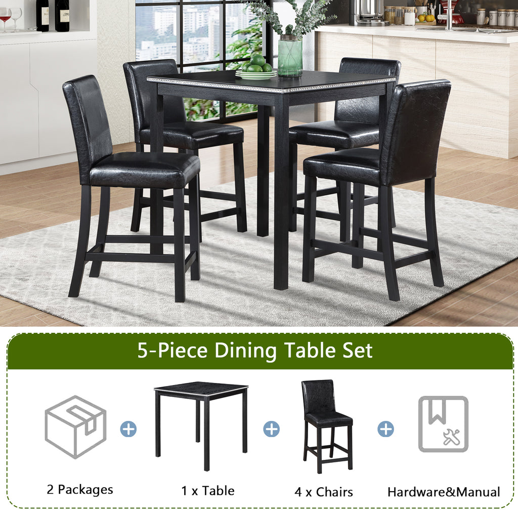 5PCs Counter Height Table Set, Wooden Kitchen Table Set with Square Table and 4 Upholstered Chairs, Counter Height Dining Table with Crystal Decoration and Chair Set for Kitchen, Dining Room, Black - Grand Goldman Shop