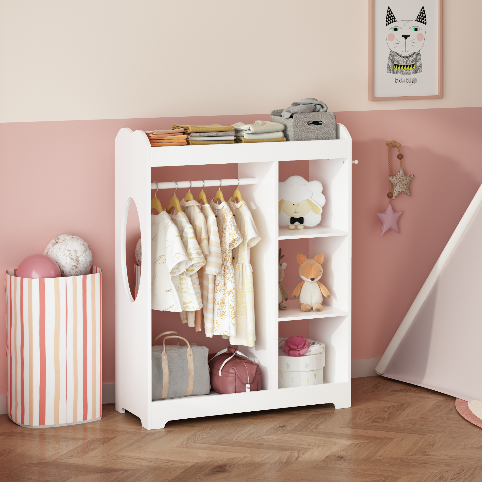 Kids Dress Up Storage with Mirror and Hooks, Wooden Dress Up Clothes Rack with Hanging Rod, 3 Side Hooks, Storage Shelves and