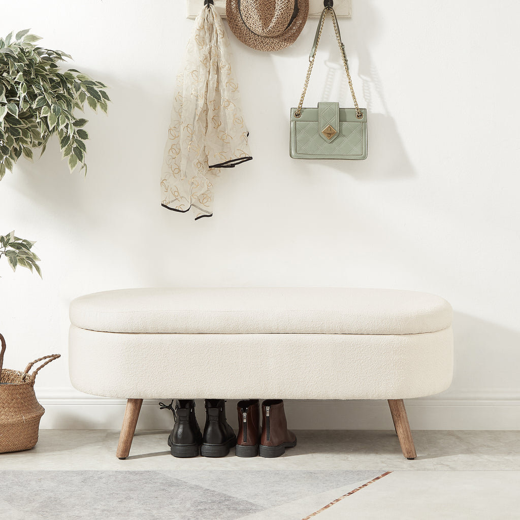 Luxury Oval Boucle Storage Ottoman Bench with Wood Legs 350lb Weight Capacity & Safety Hinge, for Living Room, Bedroom Entryway,IVORY - Grand Goldman Shop