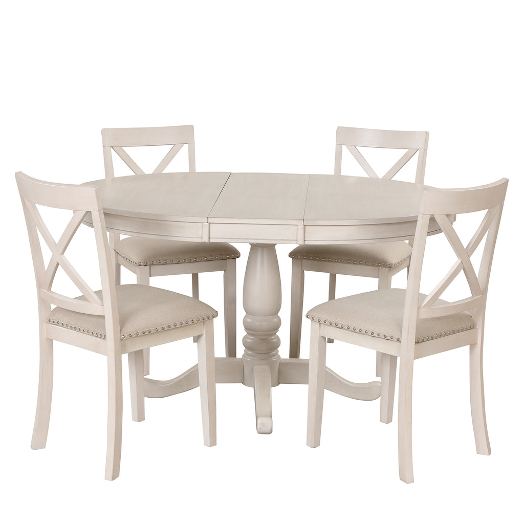 Antique White Modern Dining Table Set for 4 with Round Table and Chairs, Solid Wood & MDF - Grand Goldman Shop