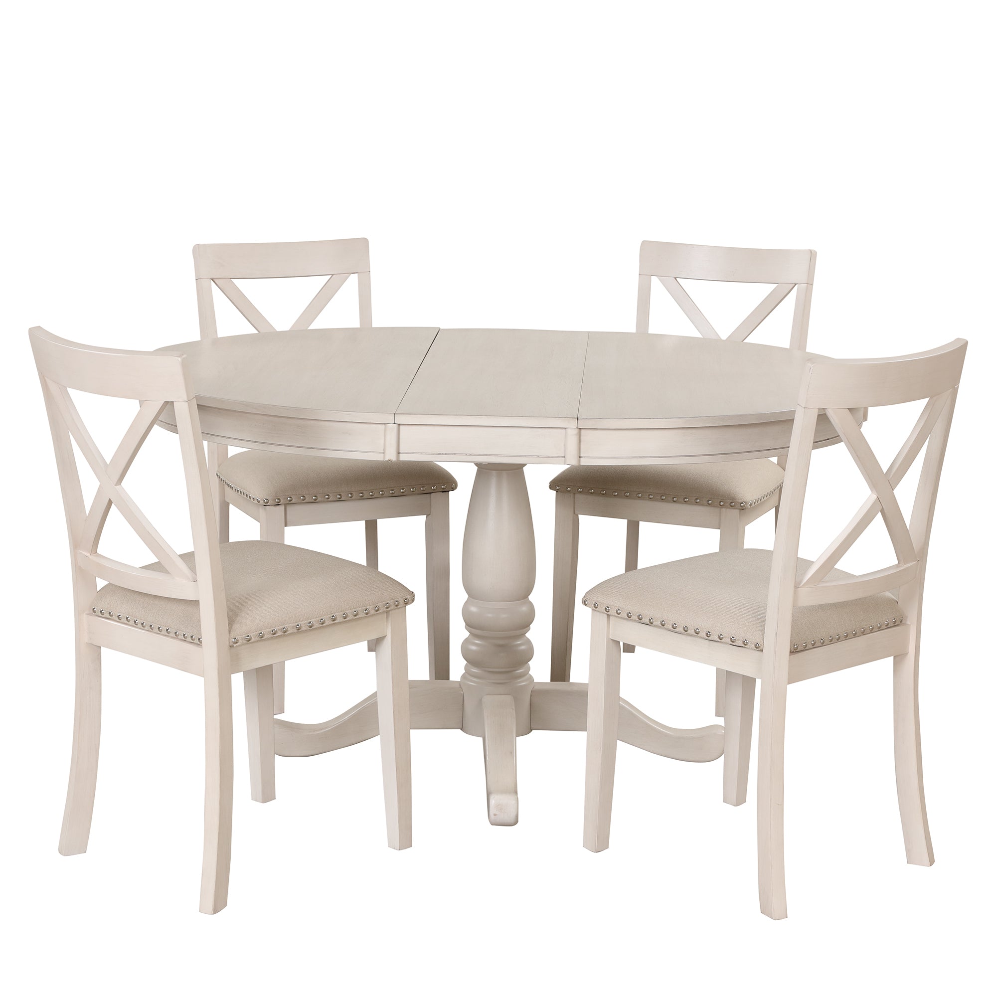 Antique White Modern Dining Table Set for 4 with Round Table and Chairs, Solid Wood & MDF - Grand Goldman Shop