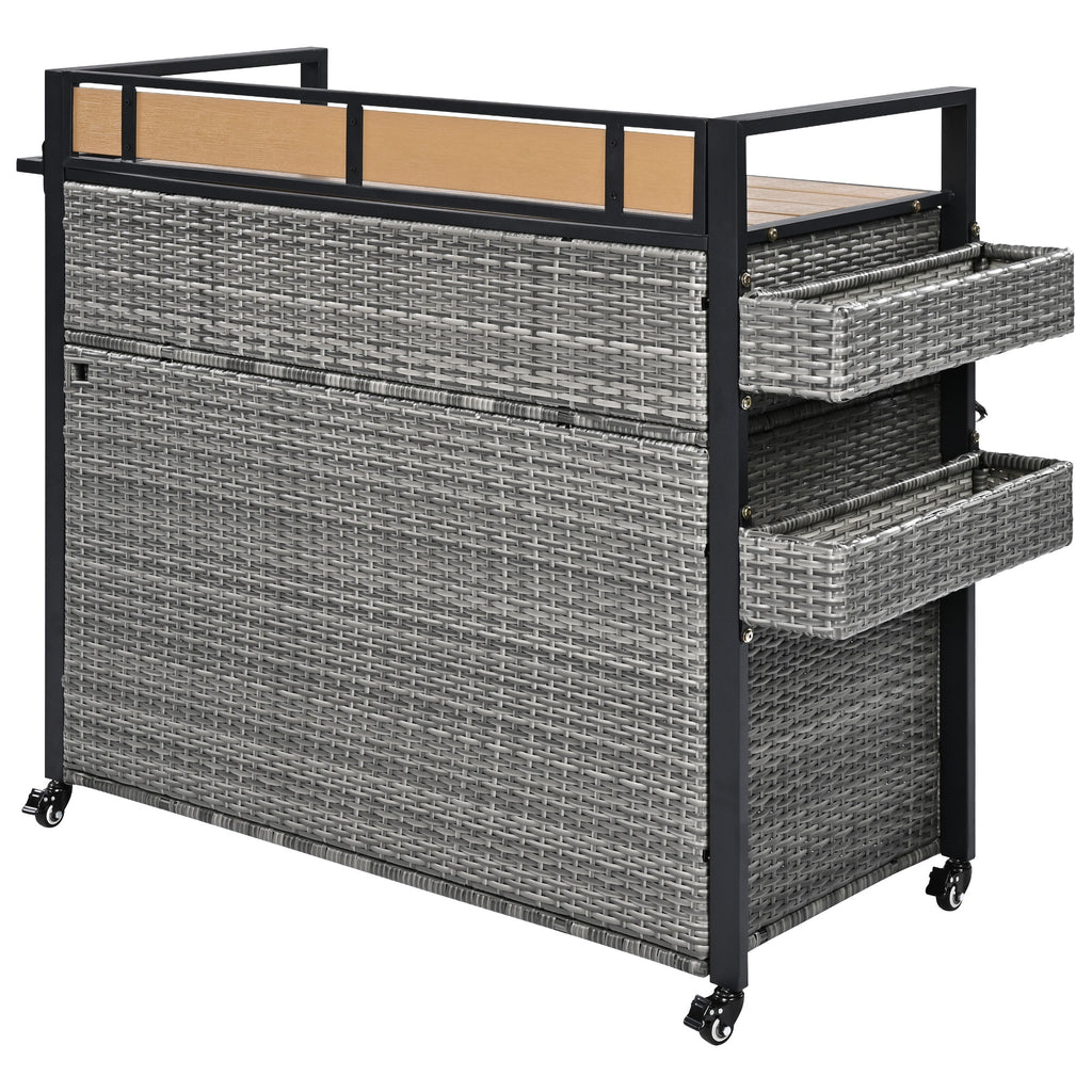 K&K 52.8'W Wicker Outdoor Grill Cart with Extended Plastic Wood Table Top, Rolling Kitchen Island on Wheels with Storage Cabinet, for Patio Backyard Garden Poolside, Double Handle Design, Grey - Grand Goldman Shop