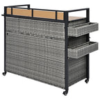 K&K 52.8'W Wicker Outdoor Grill Cart with Extended Plastic Wood Table Top, Rolling Kitchen Island on Wheels with Storage Cabinet, for Patio Backyard Garden Poolside, Double Handle Design, Grey - Grand Goldman Shop