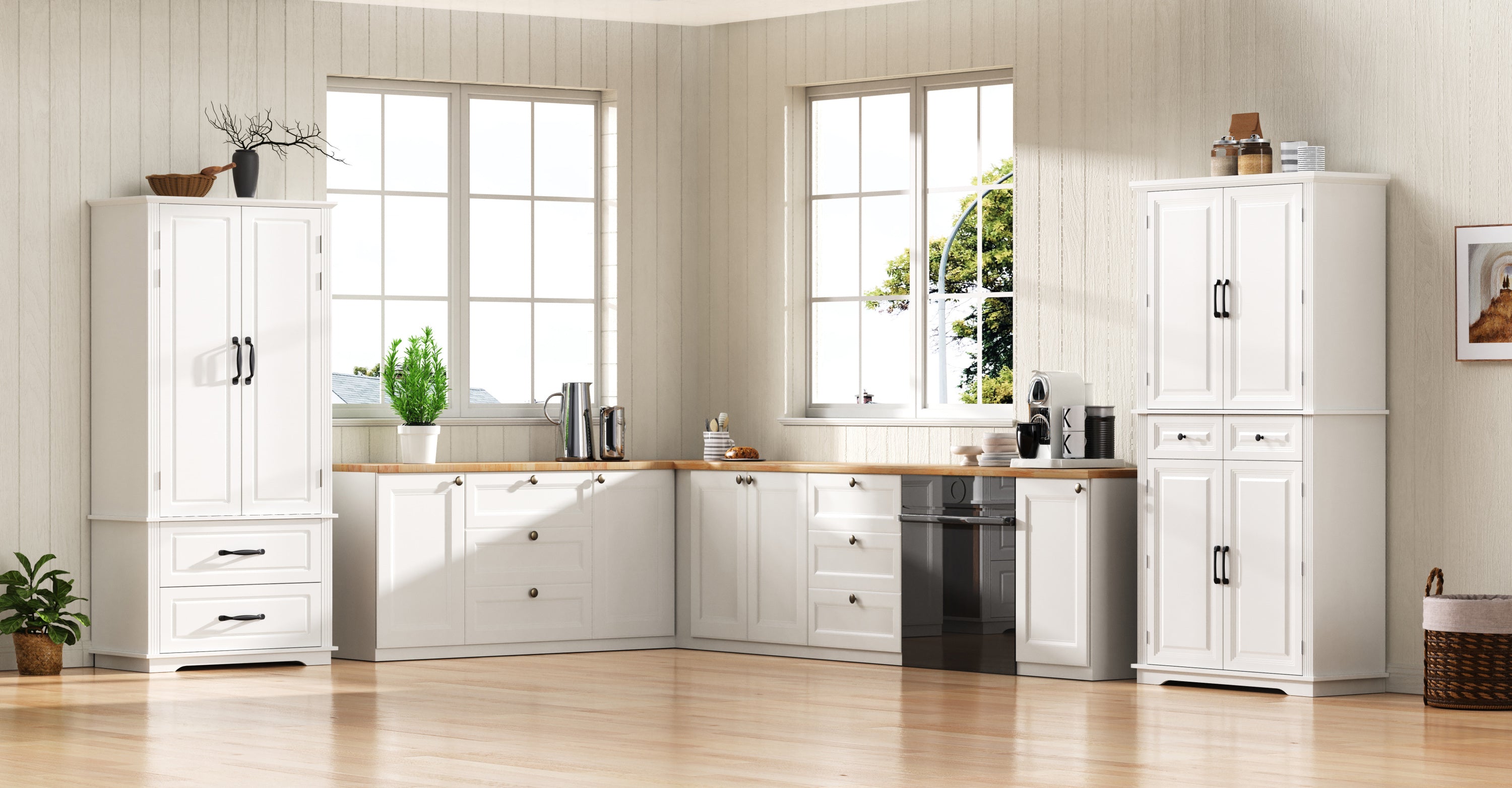 K&K 71' Tall Kitchen Pantry Cabinet with 3 Pull Out Cabinet Organizers, Farmhouse Embossed Texture Storage Cabinet with 6 Door Shelves, 2 Drawers, Freestanding Cupboard for Kitchen, Dining Room White - Grand Goldman Shop
