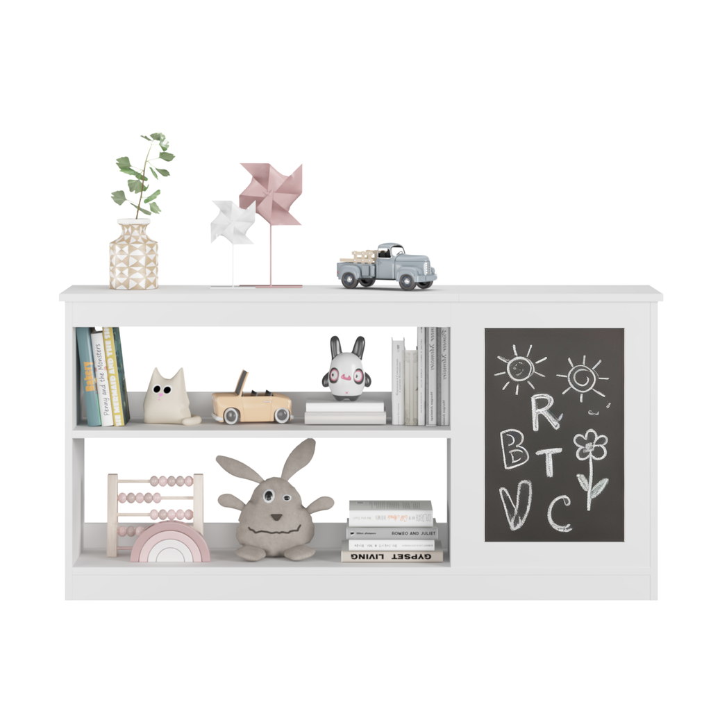 Stylish 3-in-1 Kids Bookshelf and Toy Storage Cabinet with Chalkboard – Modern White Organizer for Playroom featuring Enginee