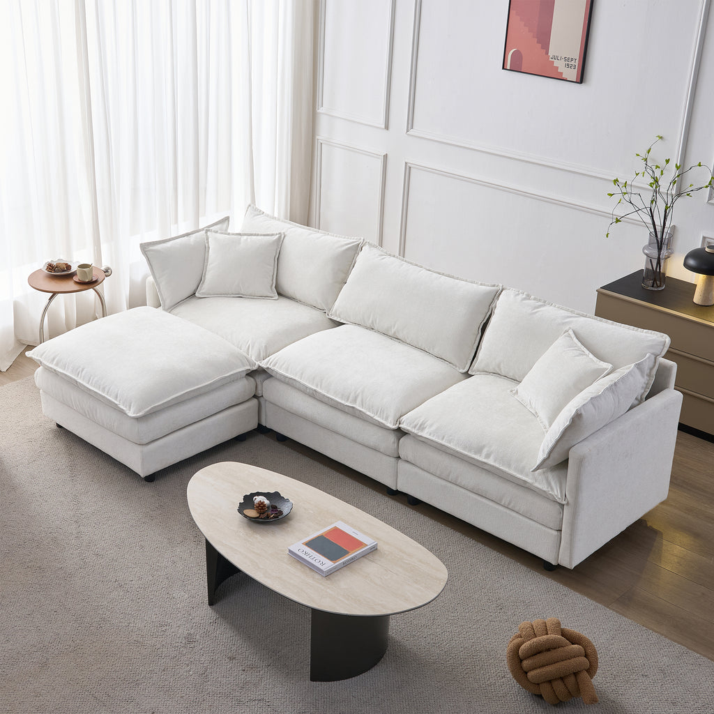 105' Modular Sectional Couch,Upholstered Soft Chenille Fabric Sofa,3 Seater with Ottoman L Shape Sofa Beige - Grand Goldman Shop