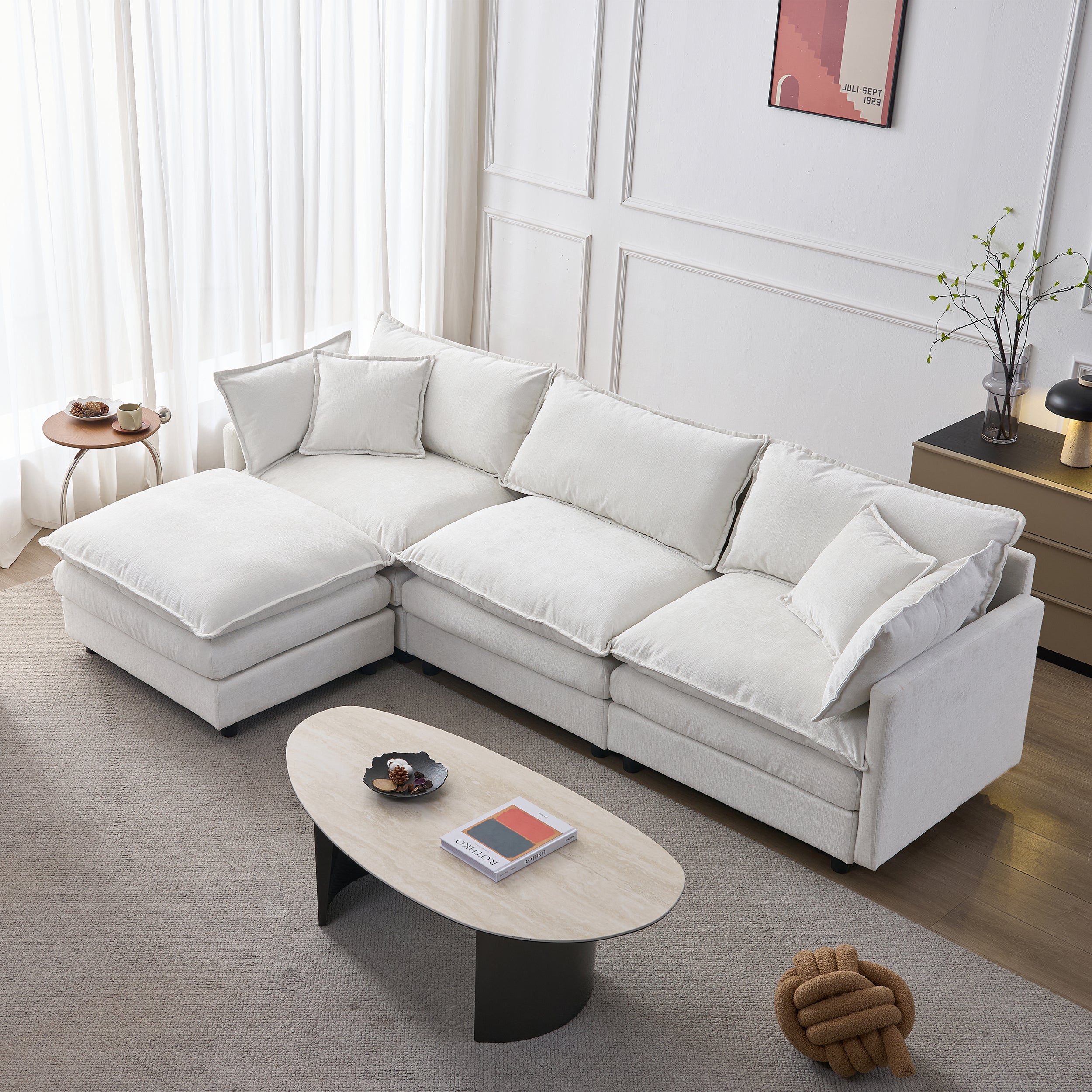 105' Modular Sectional Couch,Upholstered Soft Chenille Fabric Sofa,3 Seater with Ottoman L Shape Sofa Beige - Grand Goldman Shop