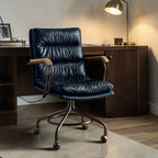 Harith II Vintage Blue Top Grain Leather Office Chair with Padded Back and Armrests and Swivel Seat - Grand Goldman