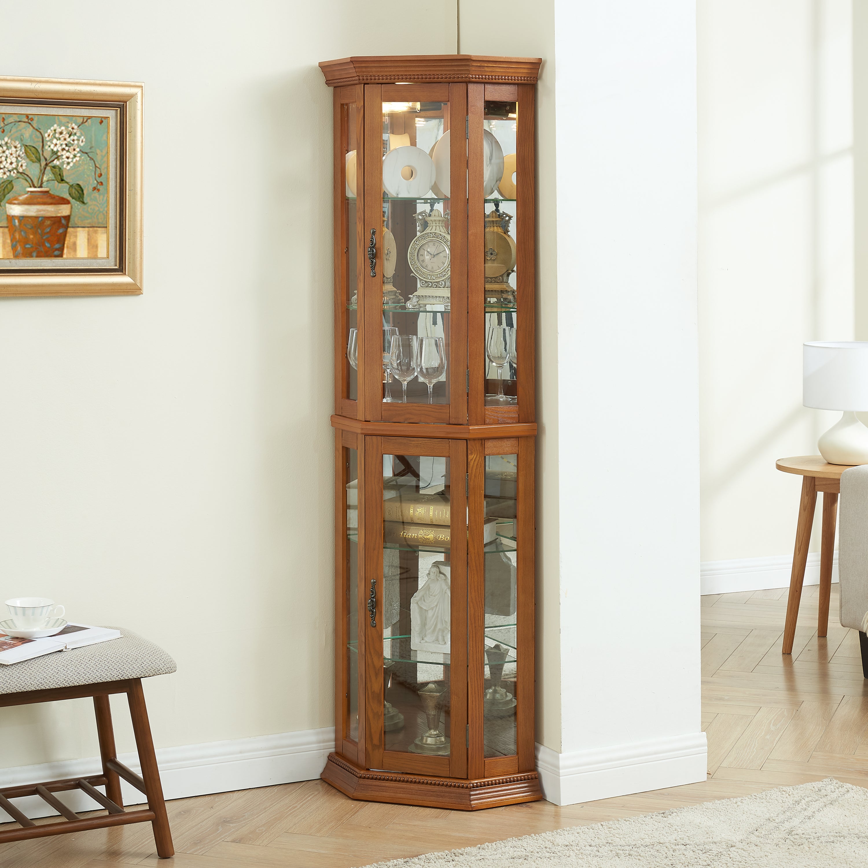 Corner Curio Cabinet Lighted Corner Display, Glass Display Shelf Shelving Bar cabinet with Tempered Glass Door, Bar Cabinet,Cabinet with Adjustable Shelf Glass Cabinet Shelves Bead Bulb Included OAK - Grand Goldman Shop