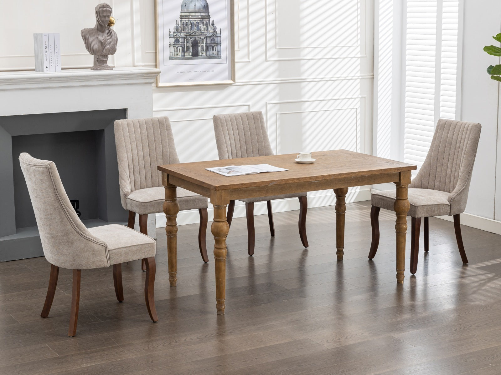 Rayon Cloth Flocking Linen Dining Chairs Channel Kitchen Dinner Chair Comfy Fabric Upholstered Accent Chair for Dining Room with Curved Solid Wood Legs,Set of 2 (Beige), SW1847BG - Grand Goldman Shop