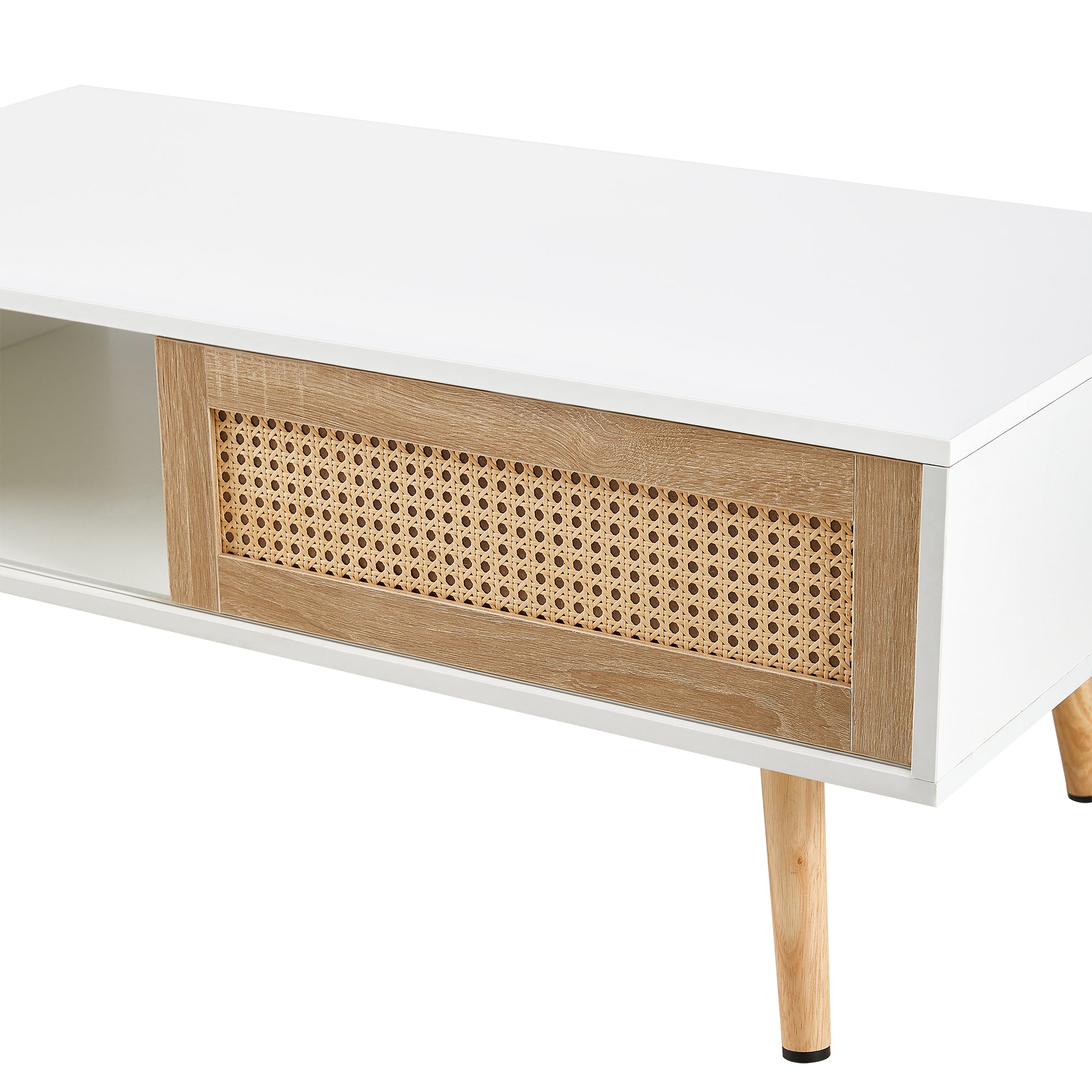 41.34' Rattan Coffee Table, Sliding Door for Storage, Solid Wood Legs, Modern Table for Living Room-White - Grand Goldman Shop