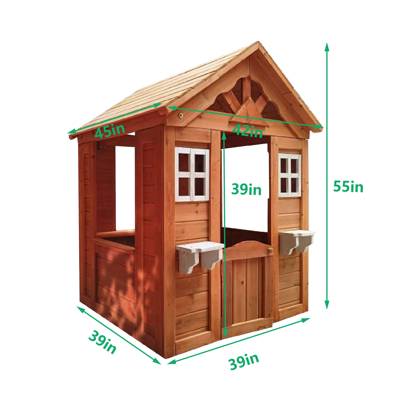 Wooden Kids Playhouse with 2 windows and flowerpot holder,42'Lx46'Wx55'H,Golden Red | Premium Home Decor - Grand Goldman