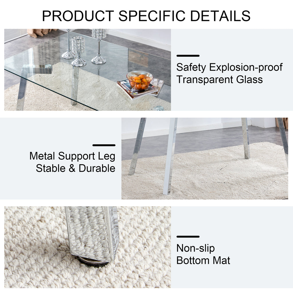A modern minimalist rectangular glass dining table with tempered glass tabletop and silver metal legs, suitable for kitchens, restaurants, and living rooms,63'*35.4'*30' - Grand Goldman Shop