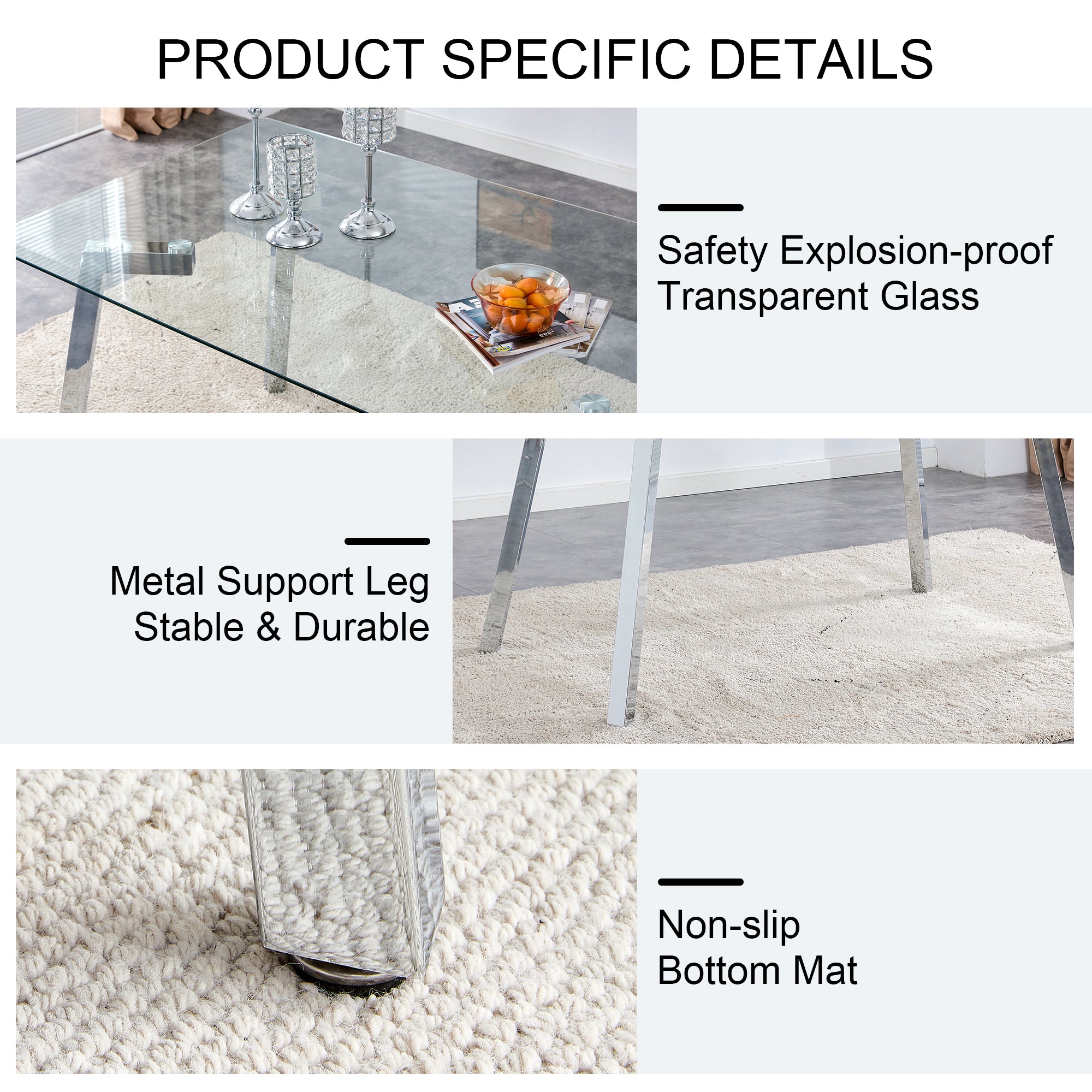 A modern minimalist rectangular glass dining table with tempered glass tabletop and silver metal legs, suitable for kitchens, restaurants, and living rooms,63'*35.4'*30' - Grand Goldman Shop
