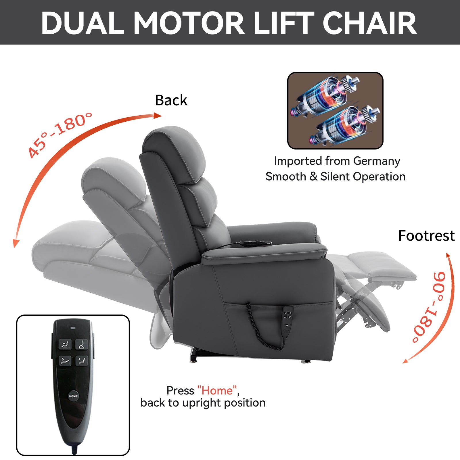 Grey Cat-proof Leather Dual Motor Infinite Position Up to 350 LBS Power Lift Recliner Chair with Power-Remote, Heat Massage and Heavy Duty Motion Mechanism - Grand Goldman Shop