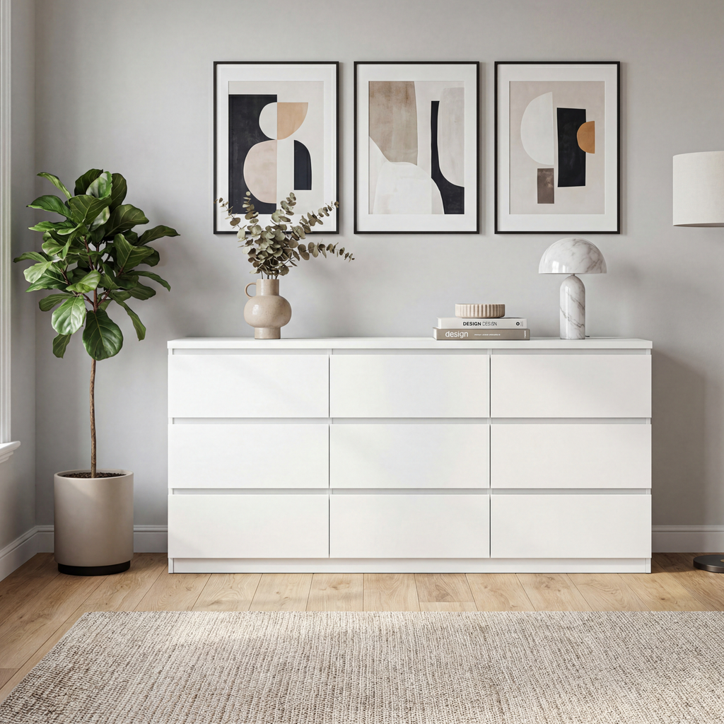 9 Drawer Dresser with No Handle Design, Modern White Matte Wood Dresser for Bedroom, Storage Chest of Drawers for Living Room, Hallway, Entryway - Grand Goldman Shop