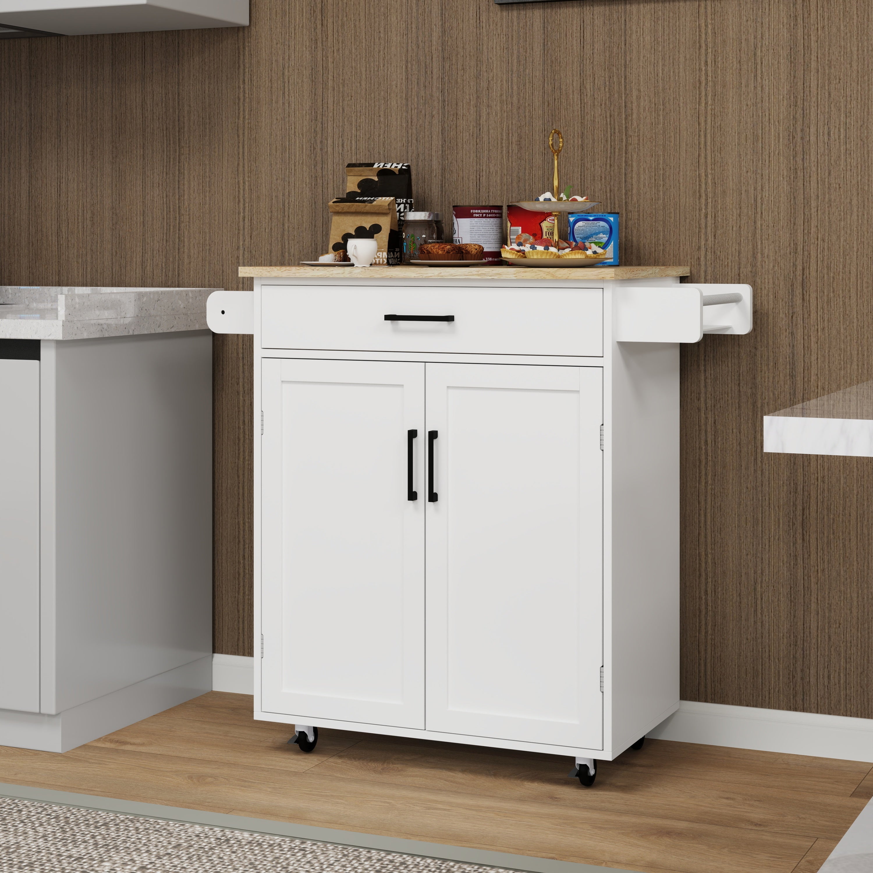 Kitchen island rolling trolley cart with 1 drawer & 2 doors with storage racks & Adjustable Shelves & towel rack & seasoning rack rubber wood table top-White - Grand Goldman Shop