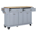 Kitchen Island with Rubber wood Countertop, Kitchen Cart on 5 Wheels with Storage Cabinet and 2 Top Drawers and A center double layered storage drawer for Dinning Room, Grey - Grand Goldman Shop