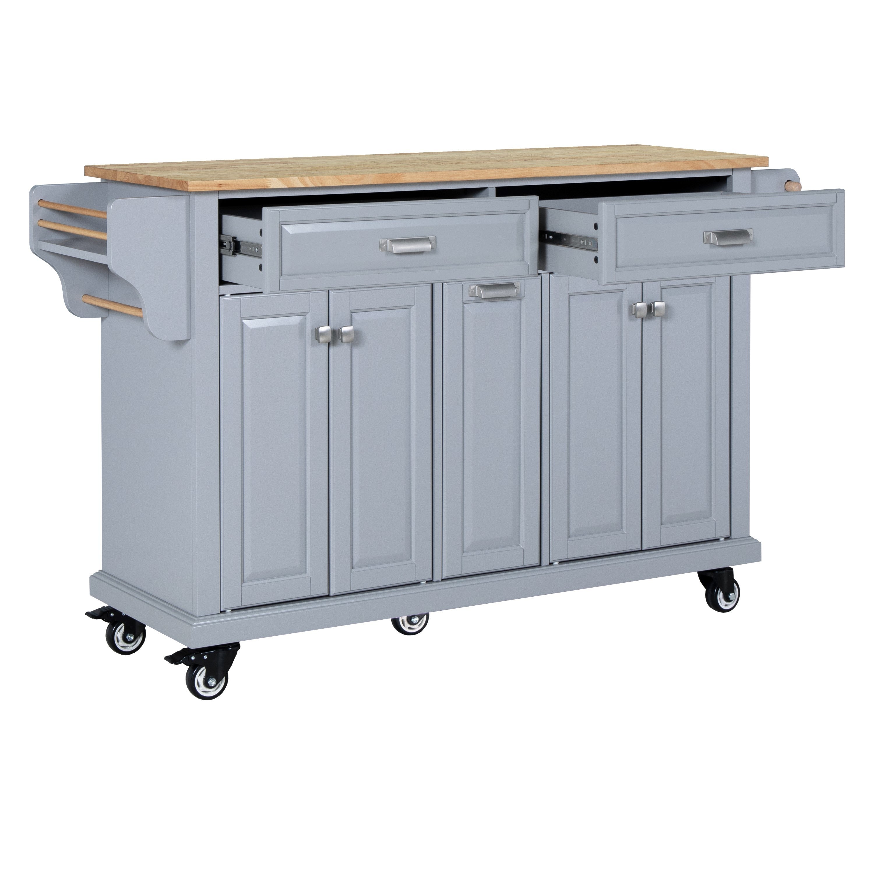 Kitchen Island with Rubber wood Countertop, Kitchen Cart on 5 Wheels with Storage Cabinet and 2 Top Drawers and A center double layered storage drawer for Dinning Room, Grey - Grand Goldman Shop