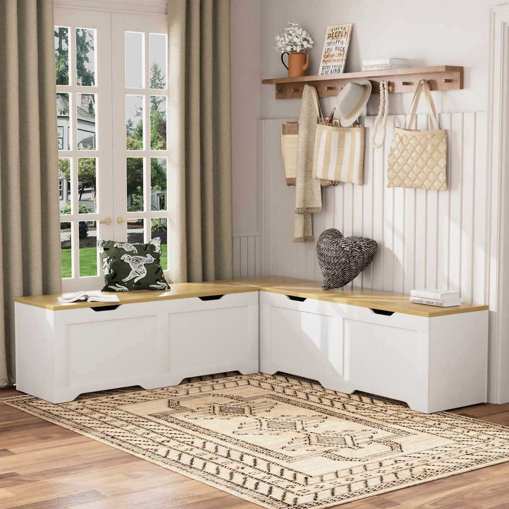 3-Piece L-Shaped Multi-Functional Storage Bench with Cushion, serving as a kitchen corner bench, toy storage box, or reading nook seat., White and Natural, 63'D x 63'W x 19.1'H - Grand Goldman Shop