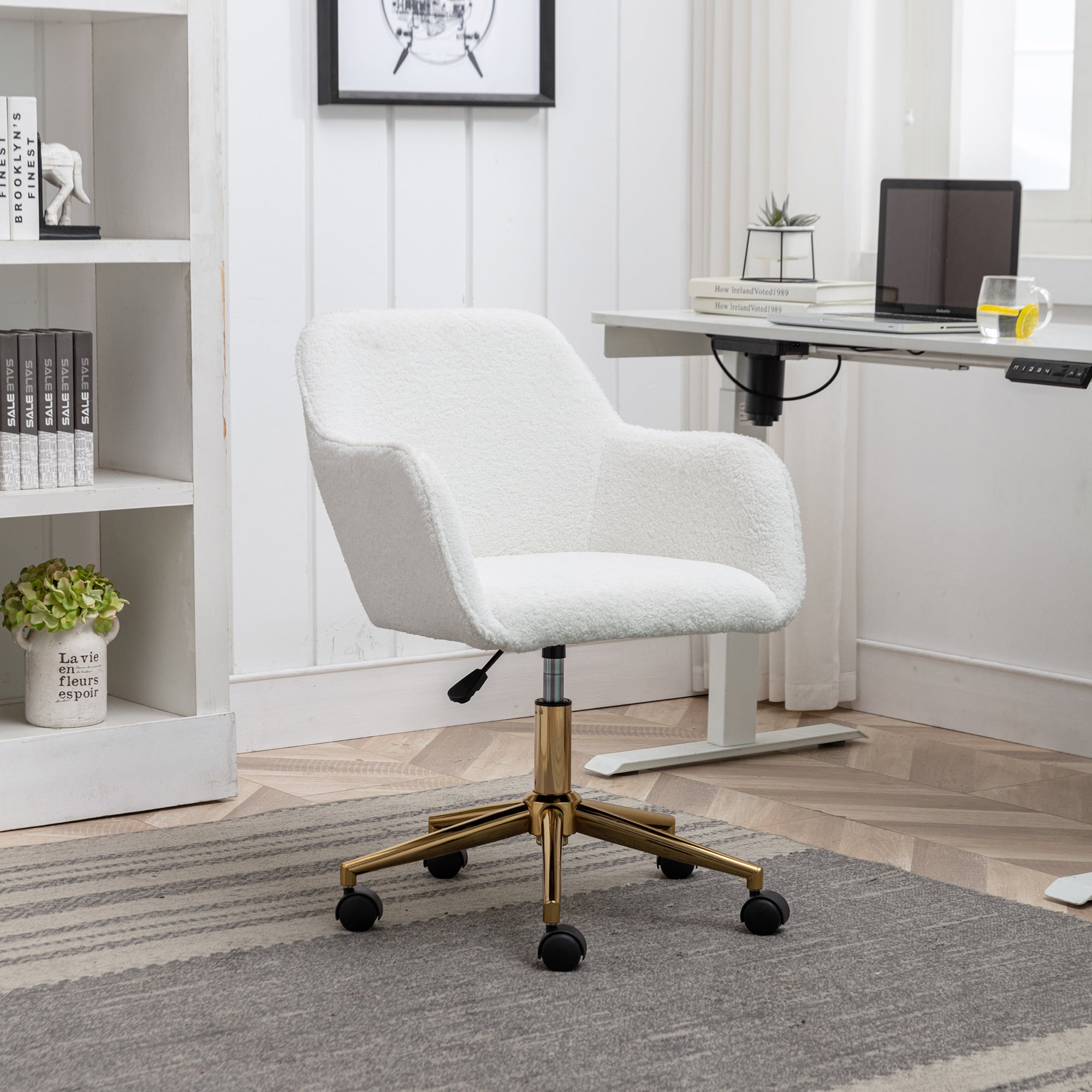 Modern Home Office Chair with Adjustable Height and Gold Metal Legs, White Teddy Fabric - Grand Goldman