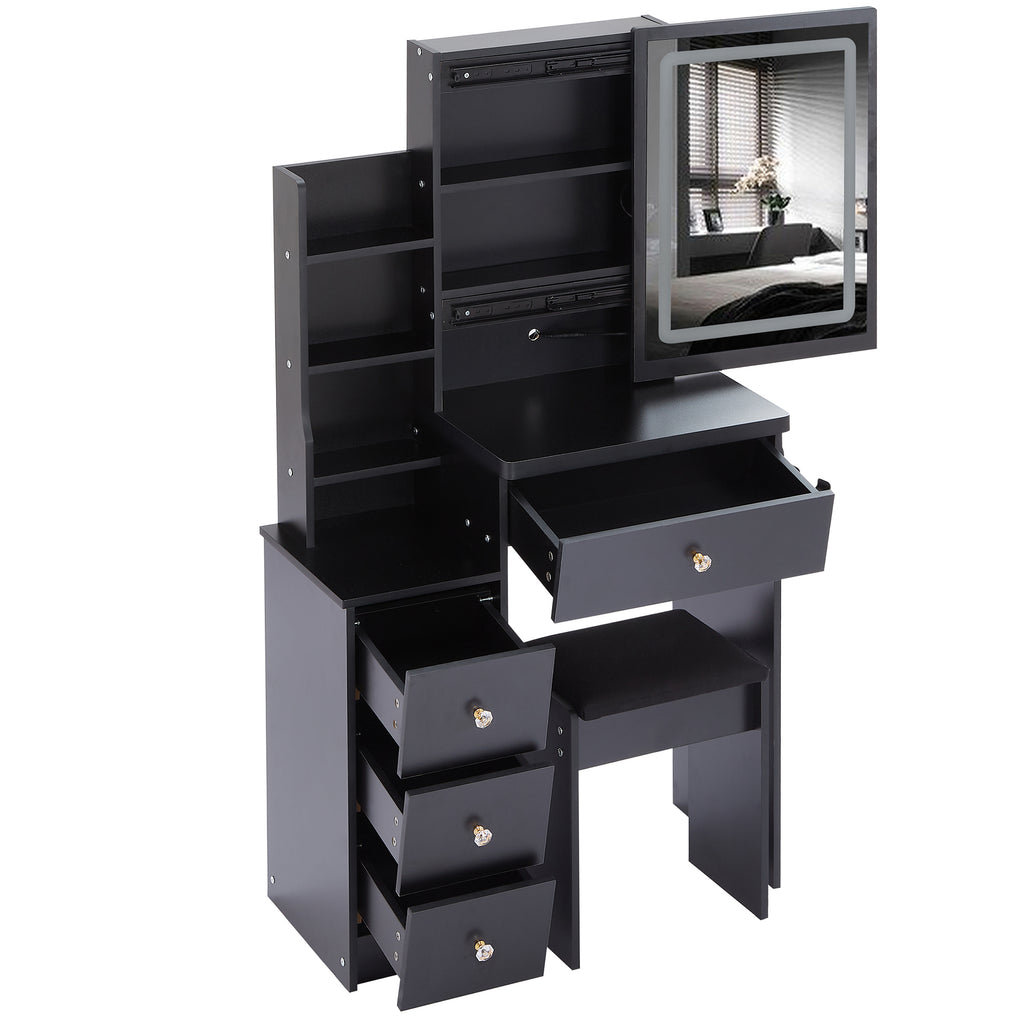 29.2' Small Size Bedside Cabinet Vanity Table + Cushioned Stool, 2 AC+2 USB Power Station, Hair dryer bracket, Extra Large Touch Control Sliding LED Mirror, 3-color Switching, EPA, GCC, UL Certificate - Grand Goldman Shop