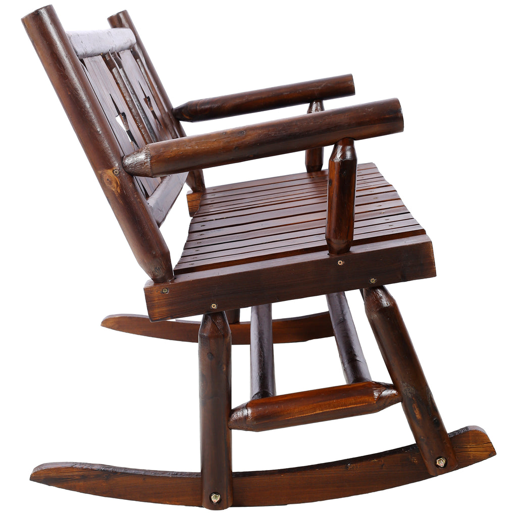 Outdoor Wood Rocking Bench Carbonized Double Rocking Chair for 2 Persons with Wide Curved Seat, Porch Rocker for Porch, Garden, Backyard, Rustic Brown - Grand Goldman Shop