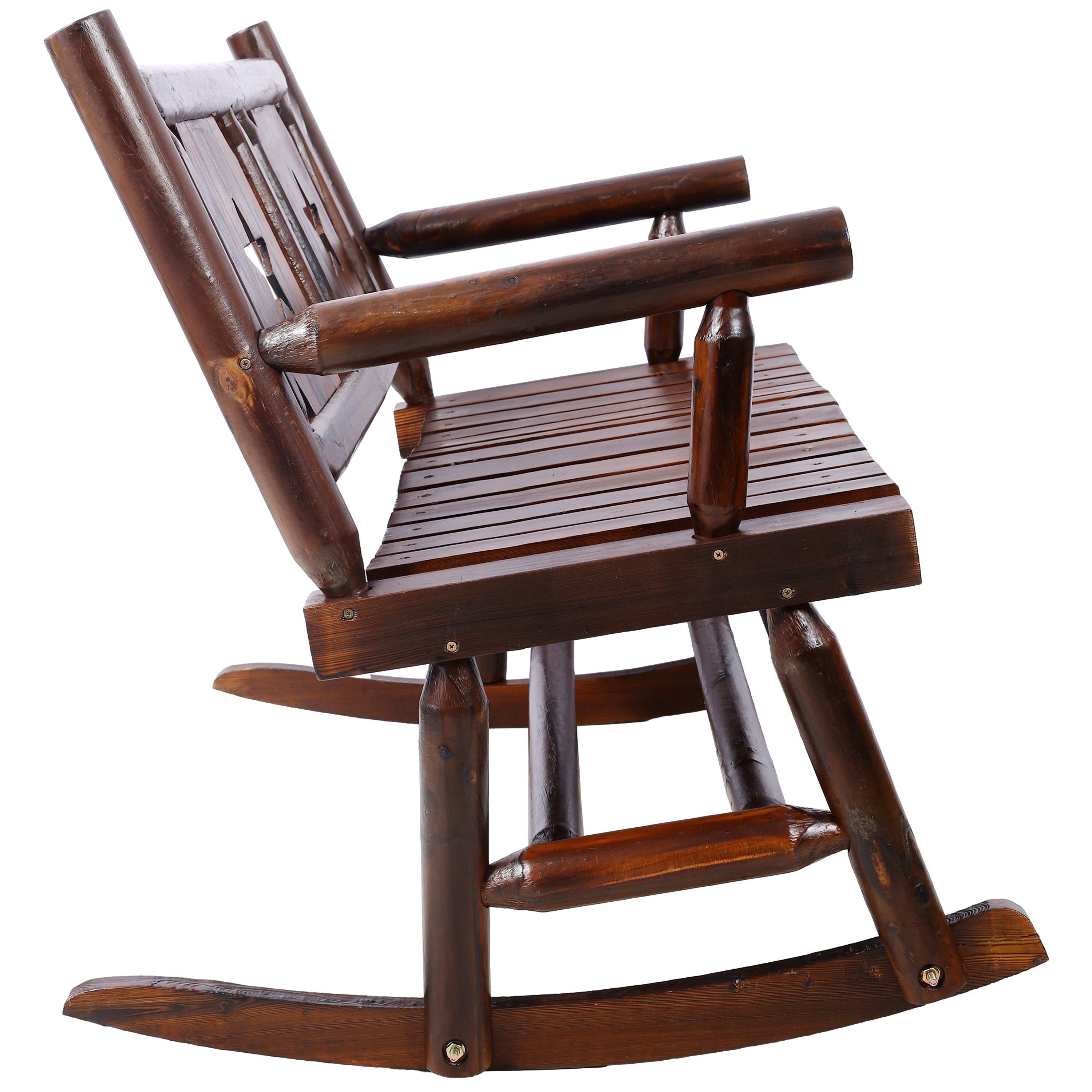 Outdoor Wood Rocking Bench Carbonized Double Rocking Chair for 2 Persons with Wide Curved Seat, Porch Rocker for Porch, Garden, Backyard, Rustic Brown - Grand Goldman Shop