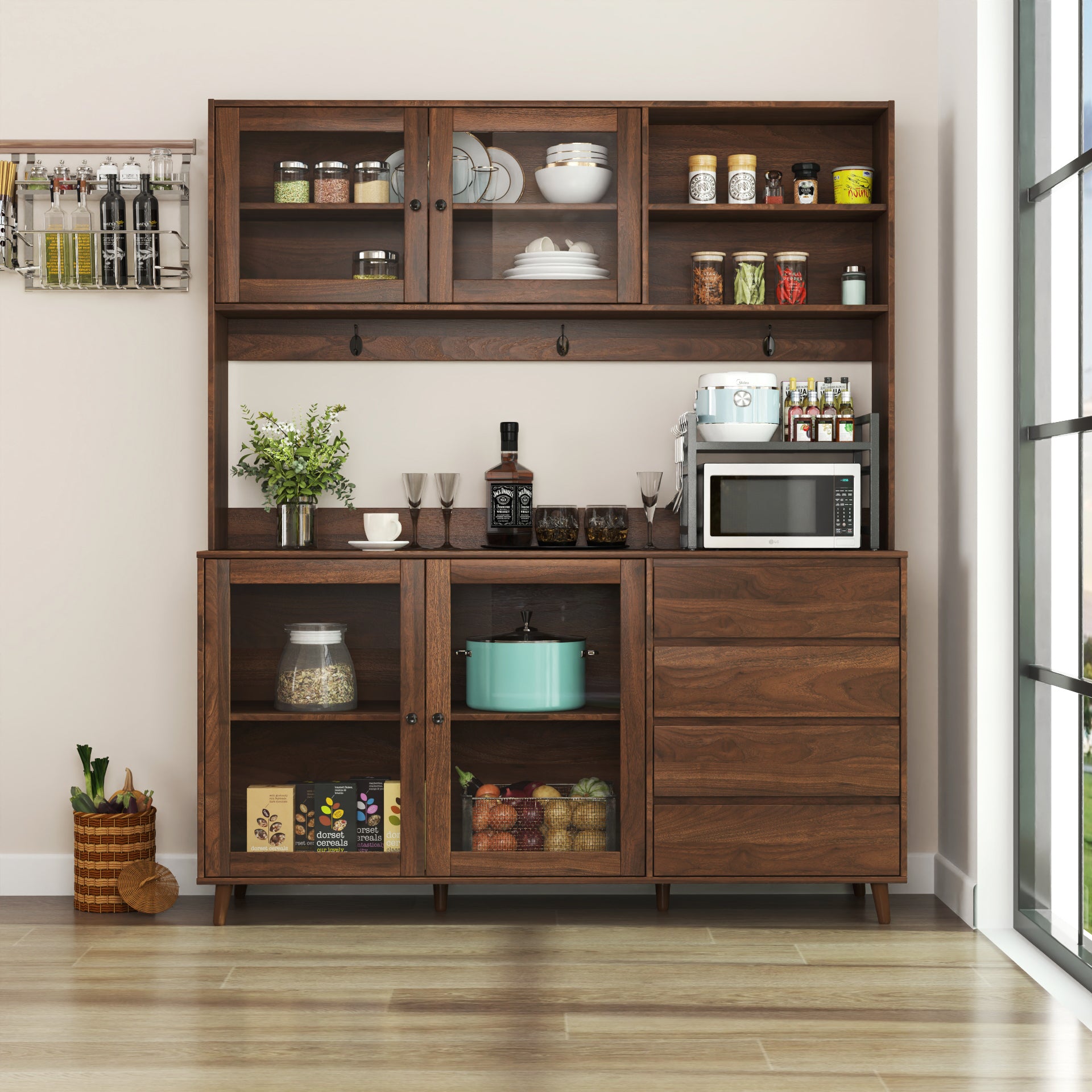 63' W Large Kitchen Hutch Cabinet, Freestanding Pantry Cabinets Storage Kitchen Cupboard with 4 Doors, 4 Drawers & Microwave Shelf, Walnut - Grand Goldman Shop