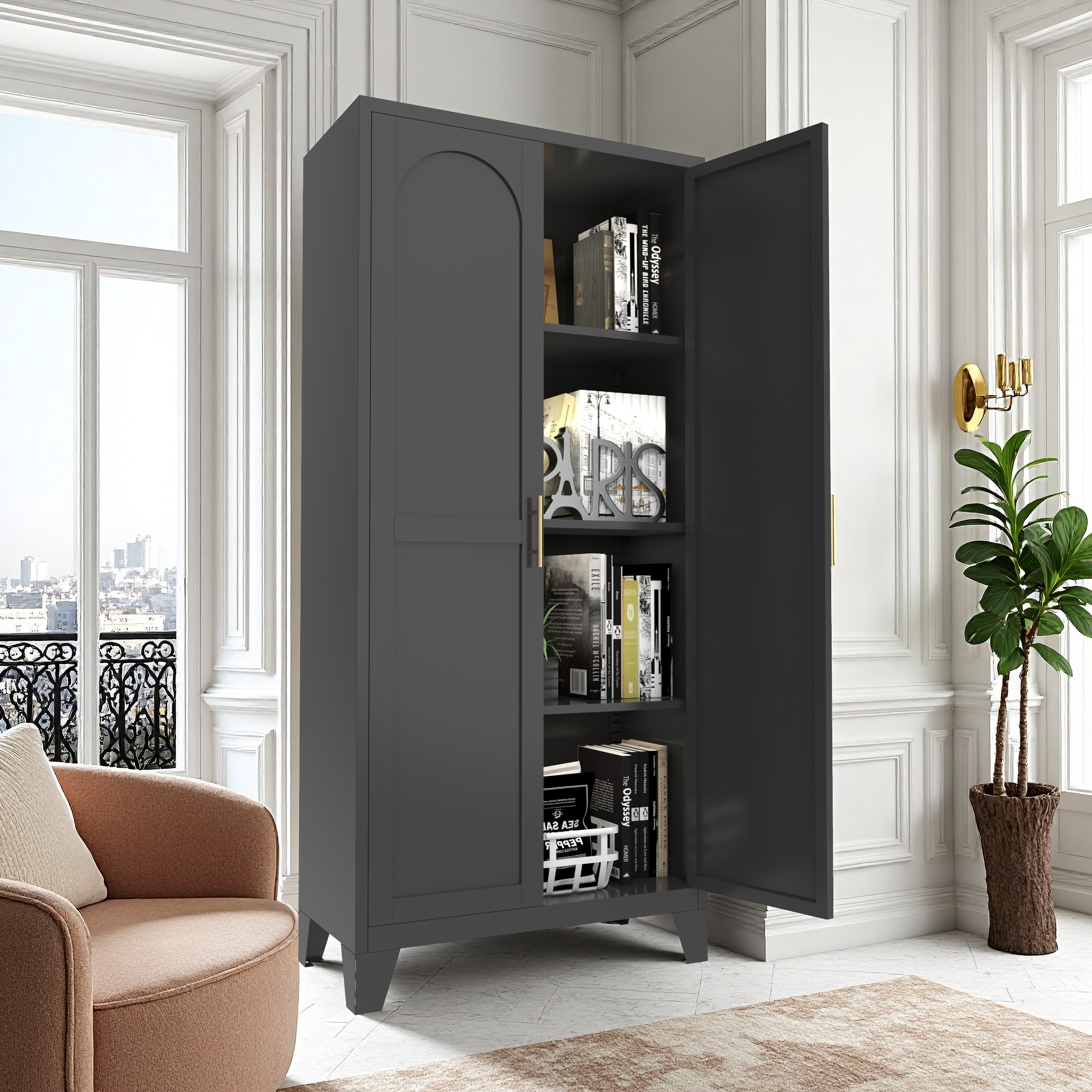 61'' 2 Shapely Doors Cabinet, Metal Storage Cabinet with Doors and Adjustable Shelves, for Bedroom, Living Room(Black) - Grand Goldman Shop