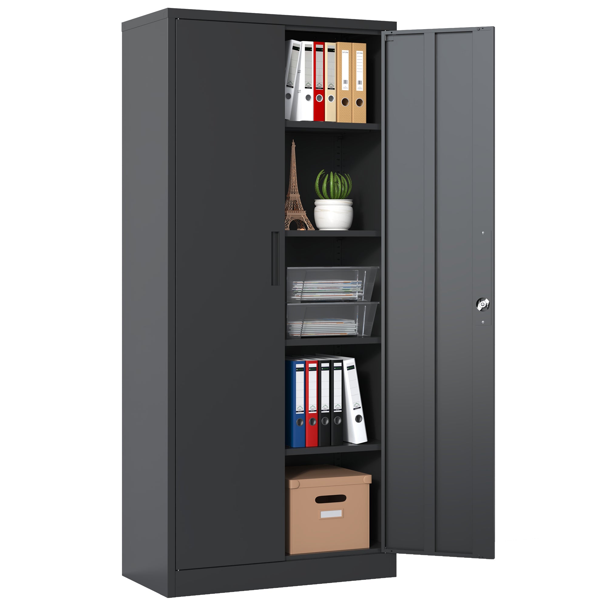 Heavy Metal 72'H Garage Storage Cabinet with Locking Doors, Black Steel, Adjustable Shelves - Grand Goldman