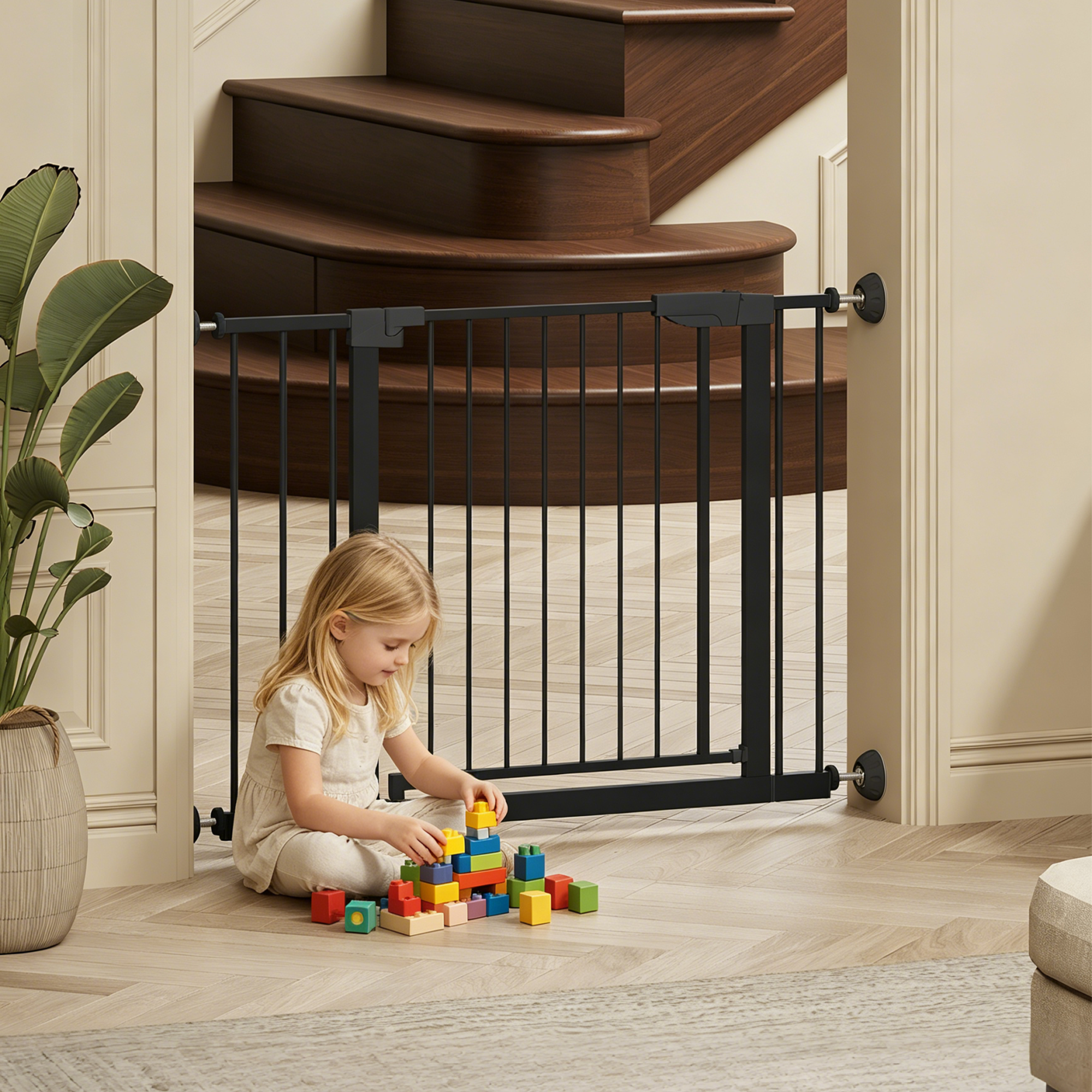 29.5-45.3' Wide Baby Gate with wall protector for Stairs, Dog Gate Indoor for Doorways, No Drilling Pressure Mounted Pet Gate